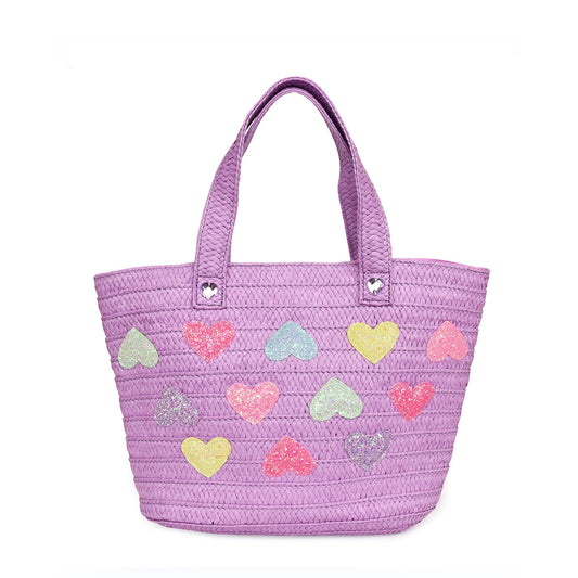 Heart-Patched Purple Straw Tote Bag