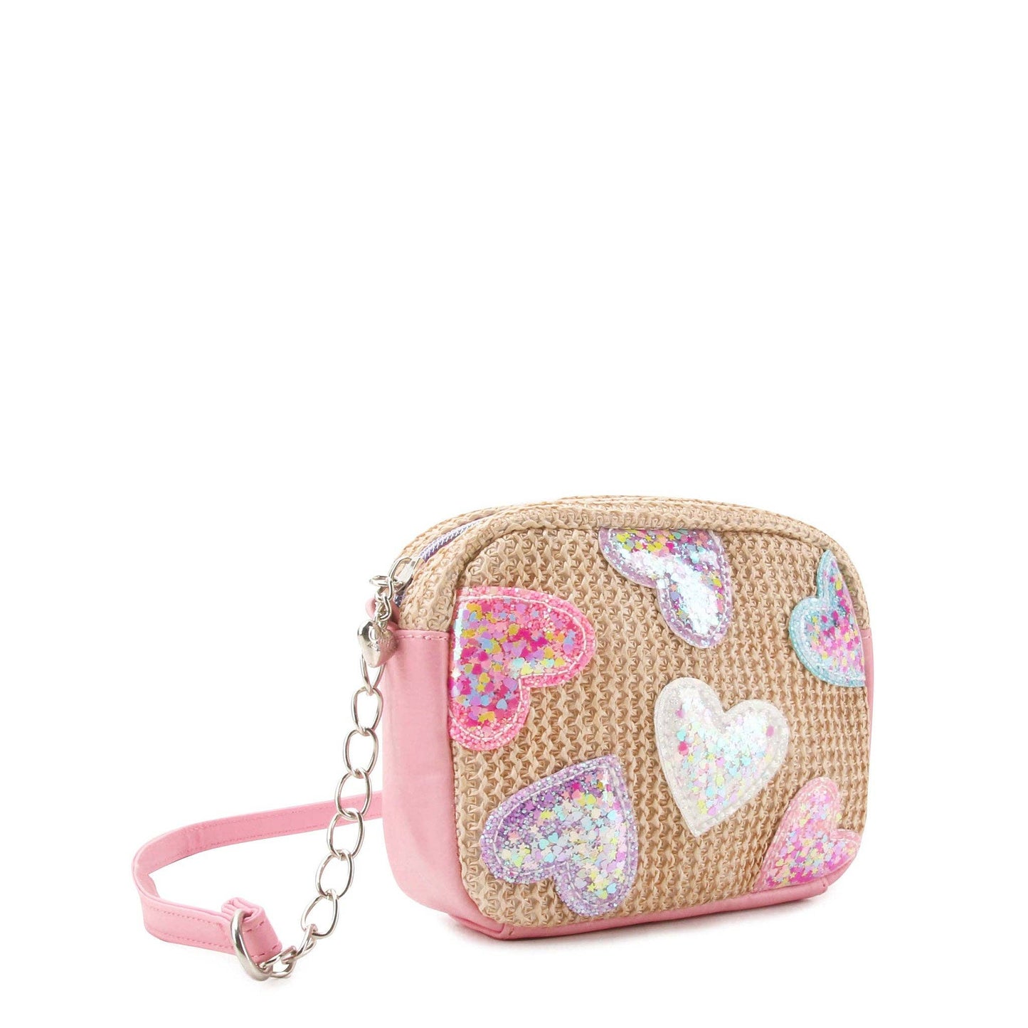 Confetti Heart Patched Straw Crossbody Bag