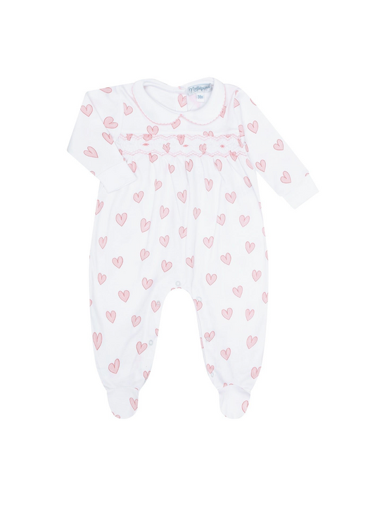 Pink Heart Print Smocked Footie