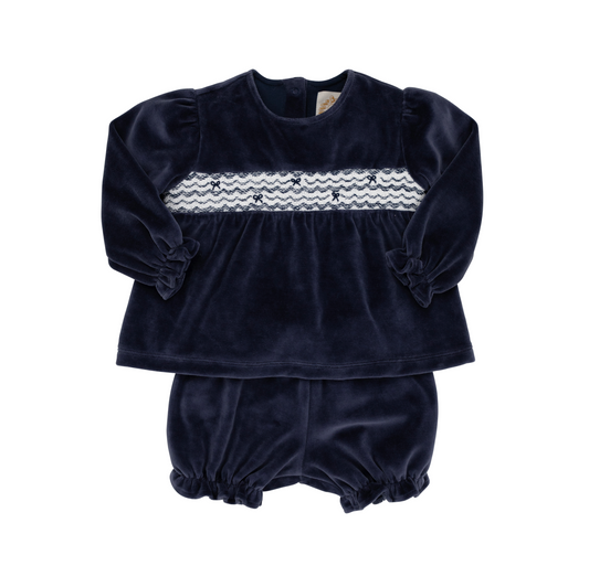 Smocked Bon Air Bloomer Set (Velour) - Nantucket Navy