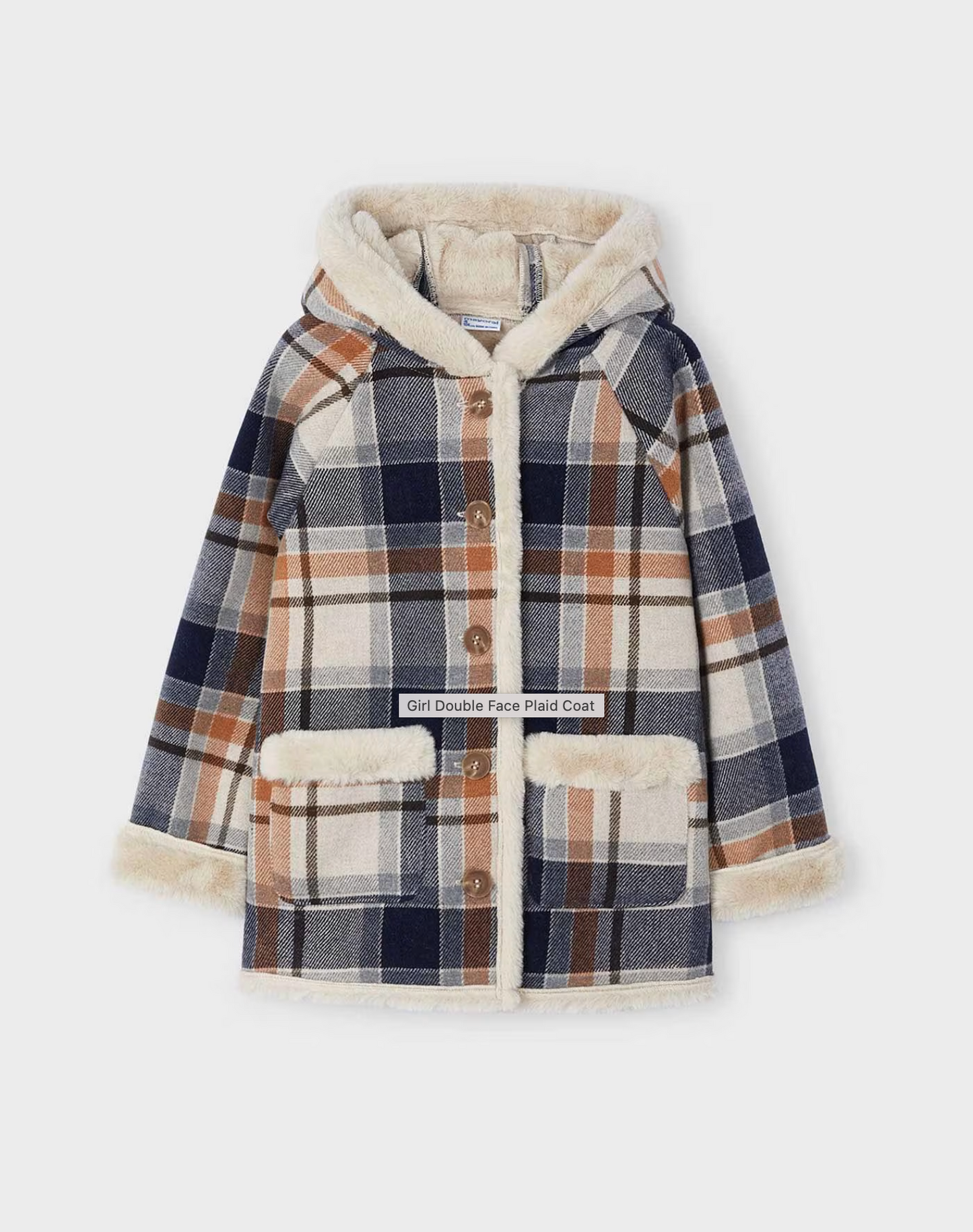 Mayoral Girls Double Face Plaid Coat-Navy