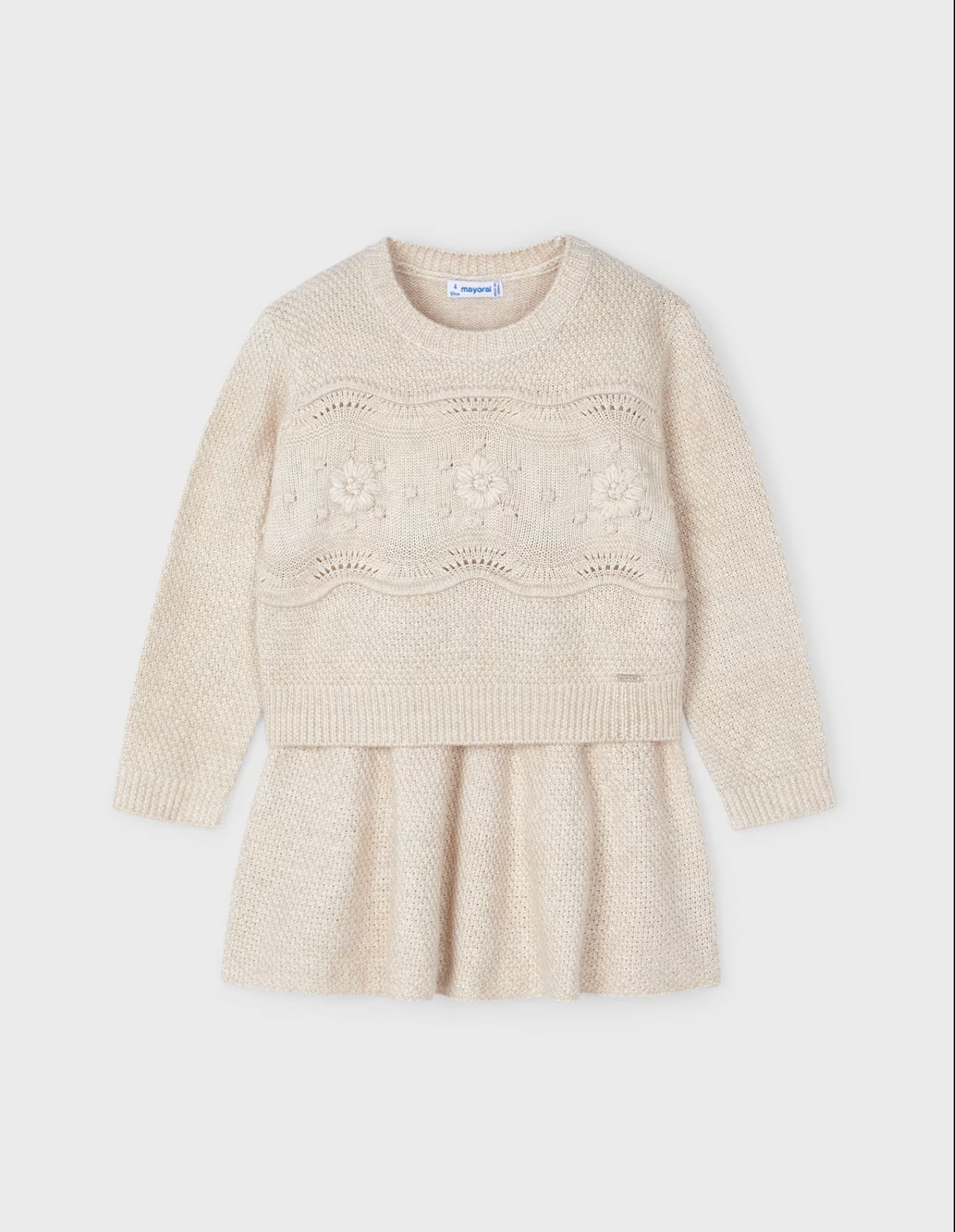 Mayoral Girls Knit Skirt and Sweater Set-Sand