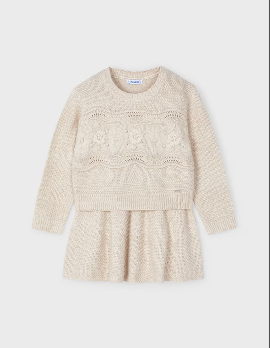 Mayoral Girls Knit Skirt and Sweater Set-Sand