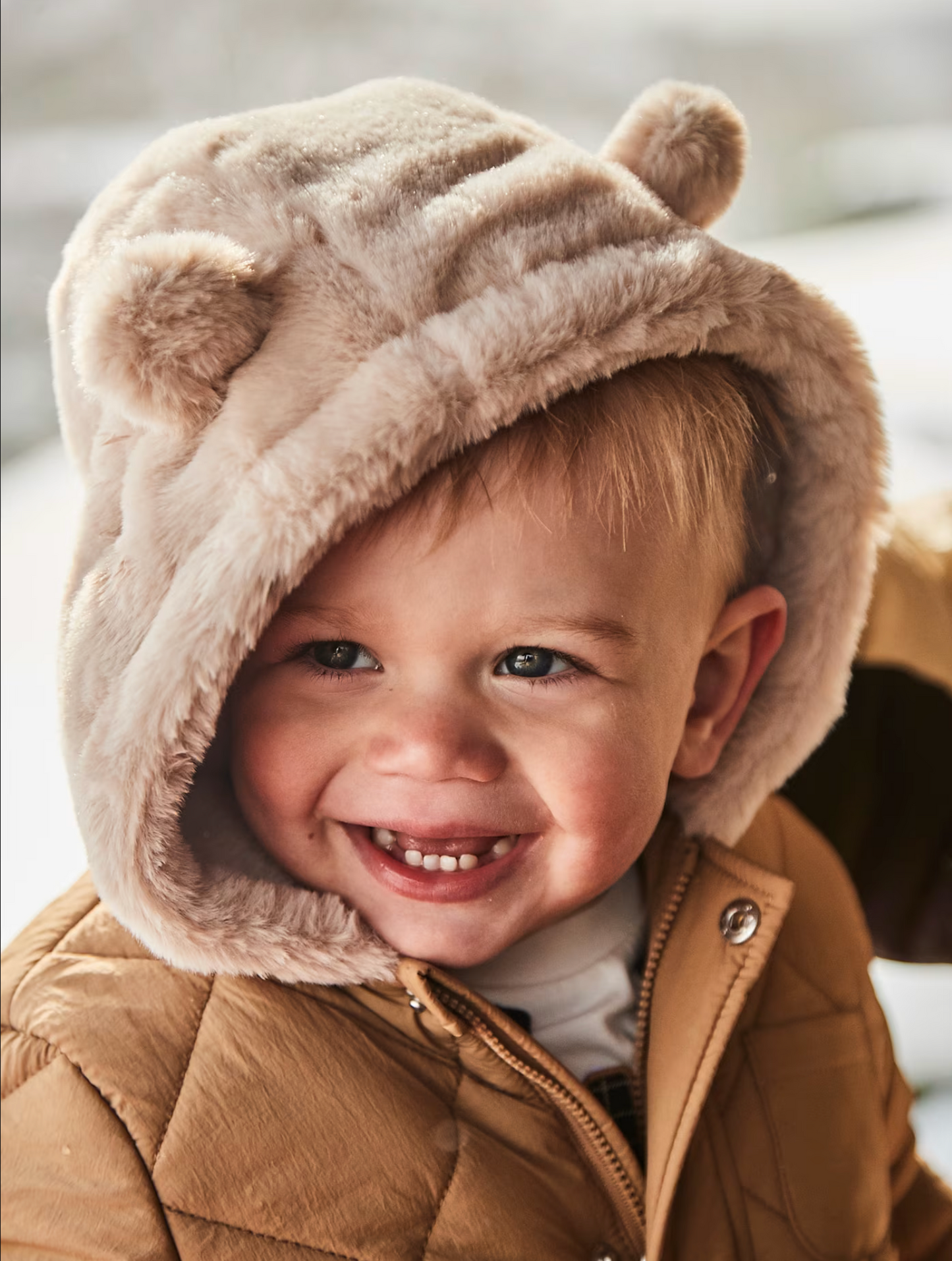 Mayoral Baby Boy Toffee Quilted Jacket with Fur Hood