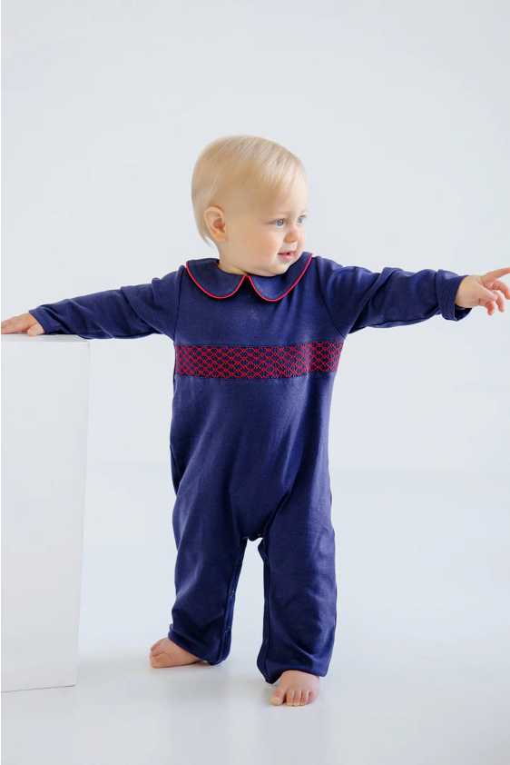 Samuel Smocked Romper - Nantucket Navy