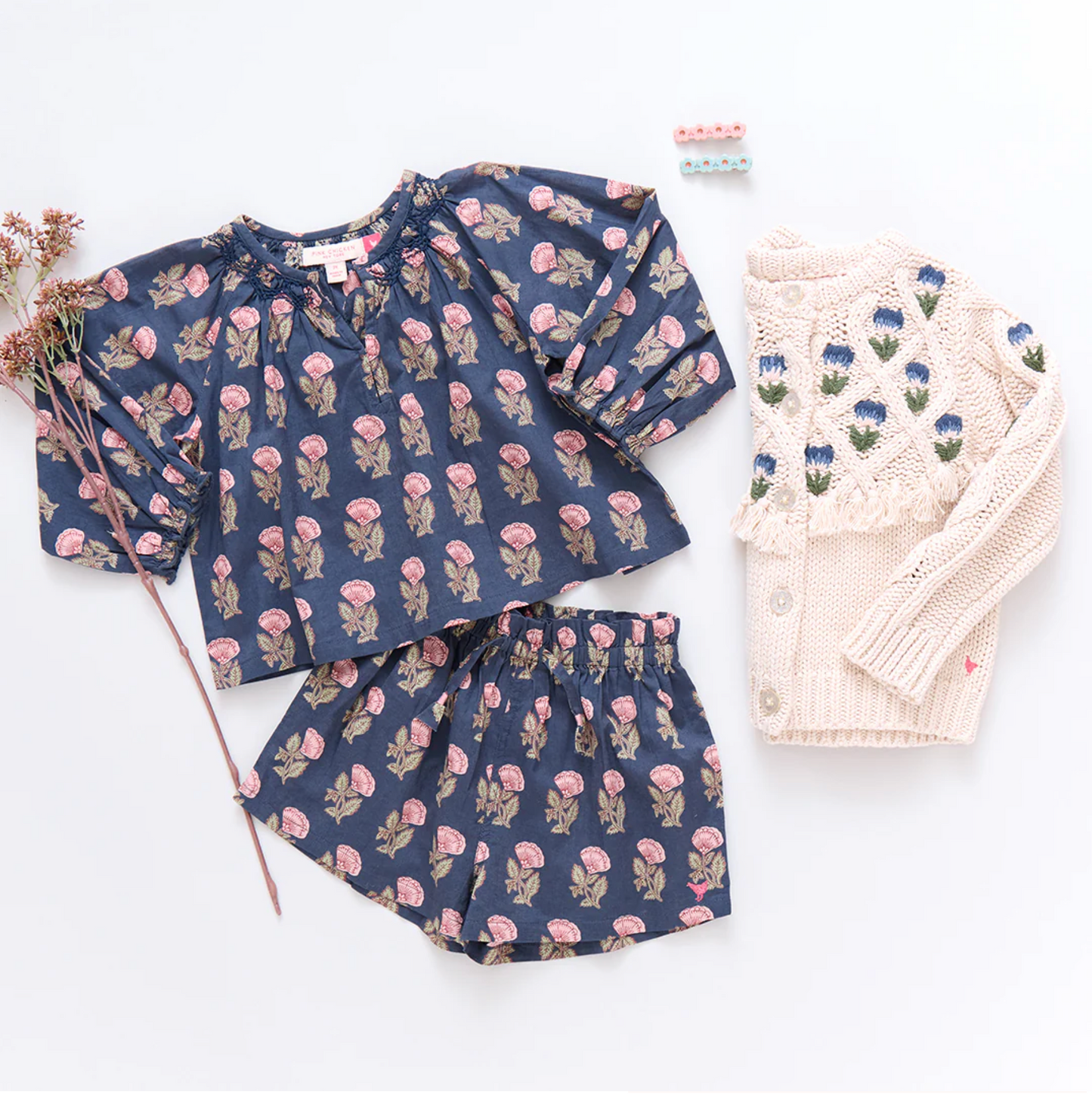 Girls Ava Top - Navy Flower Drop