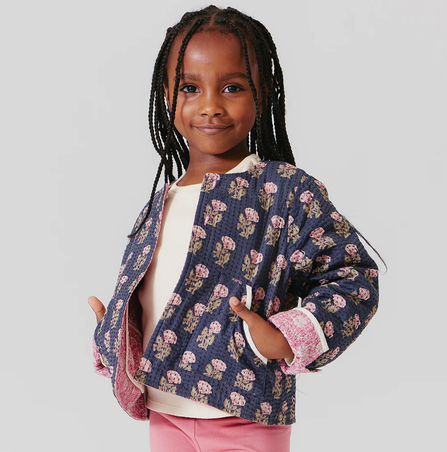 Girls Reversible Quilted Jacket - Hot Pink Garden Floral