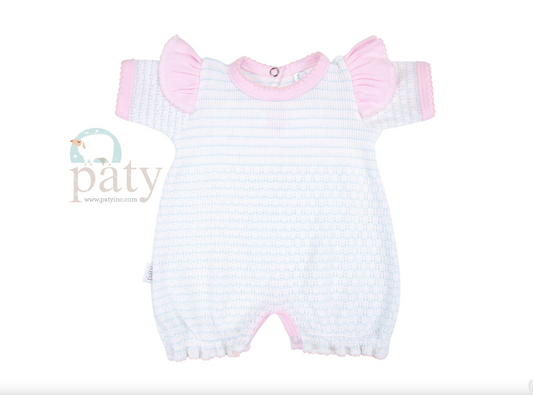 Angel Sleeve Romper - Blue Pinstripe, Pink Trim Short Sleeve