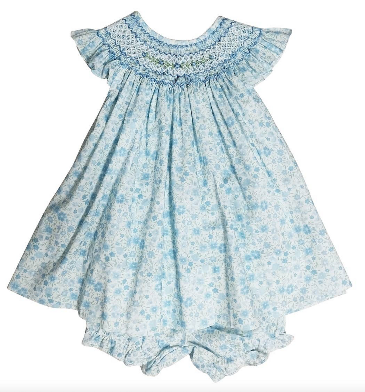 Carly & Ronnie Blue Floral Girls Smocked Bishop