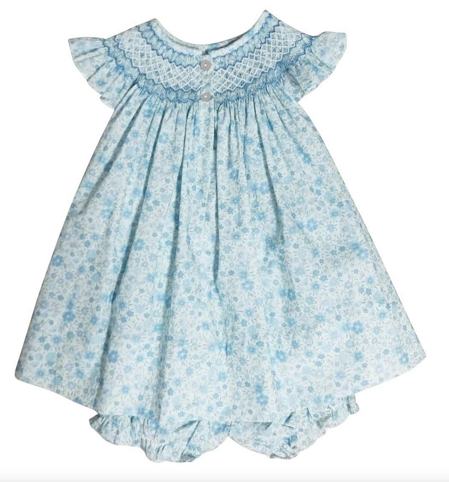 Carly & Ronnie Blue Floral Girls Smocked Bishop