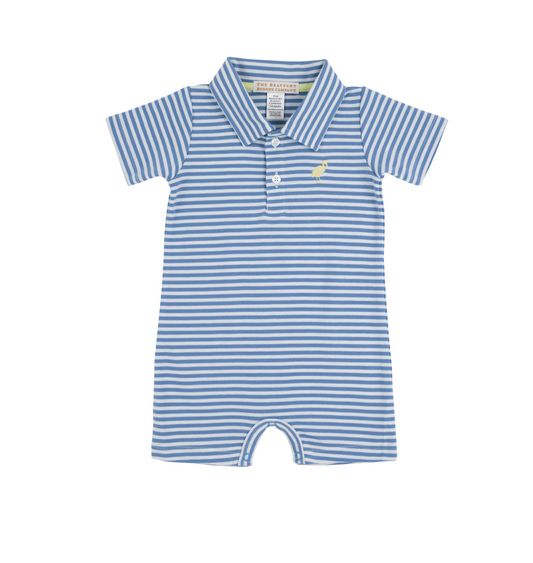 Sir Proper's Romper - Barbados Blue Stripe with Bellport Butter Yellow Stork