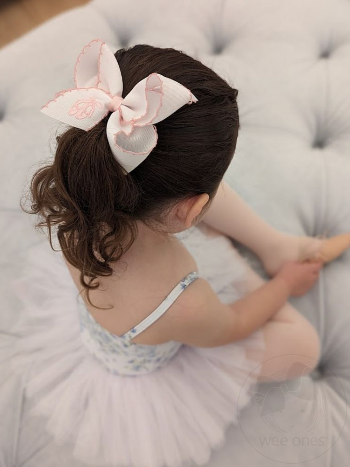 Medium Hair Bow with Pink Moonstitch Edge & Ballet Slipper Embroidery