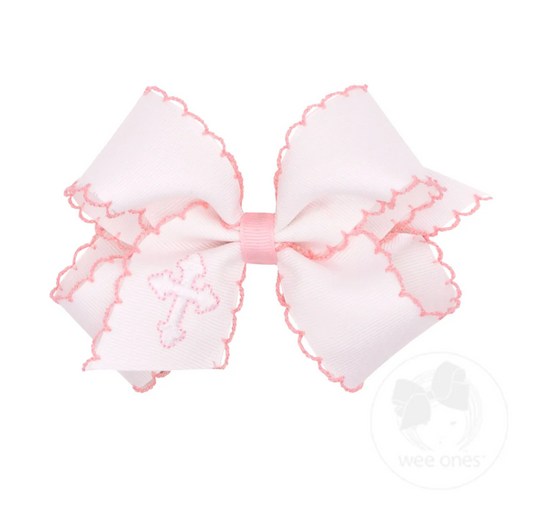 Medium Hair Bow with Moonstitch Edge & Cross Embroidery - Pink or White