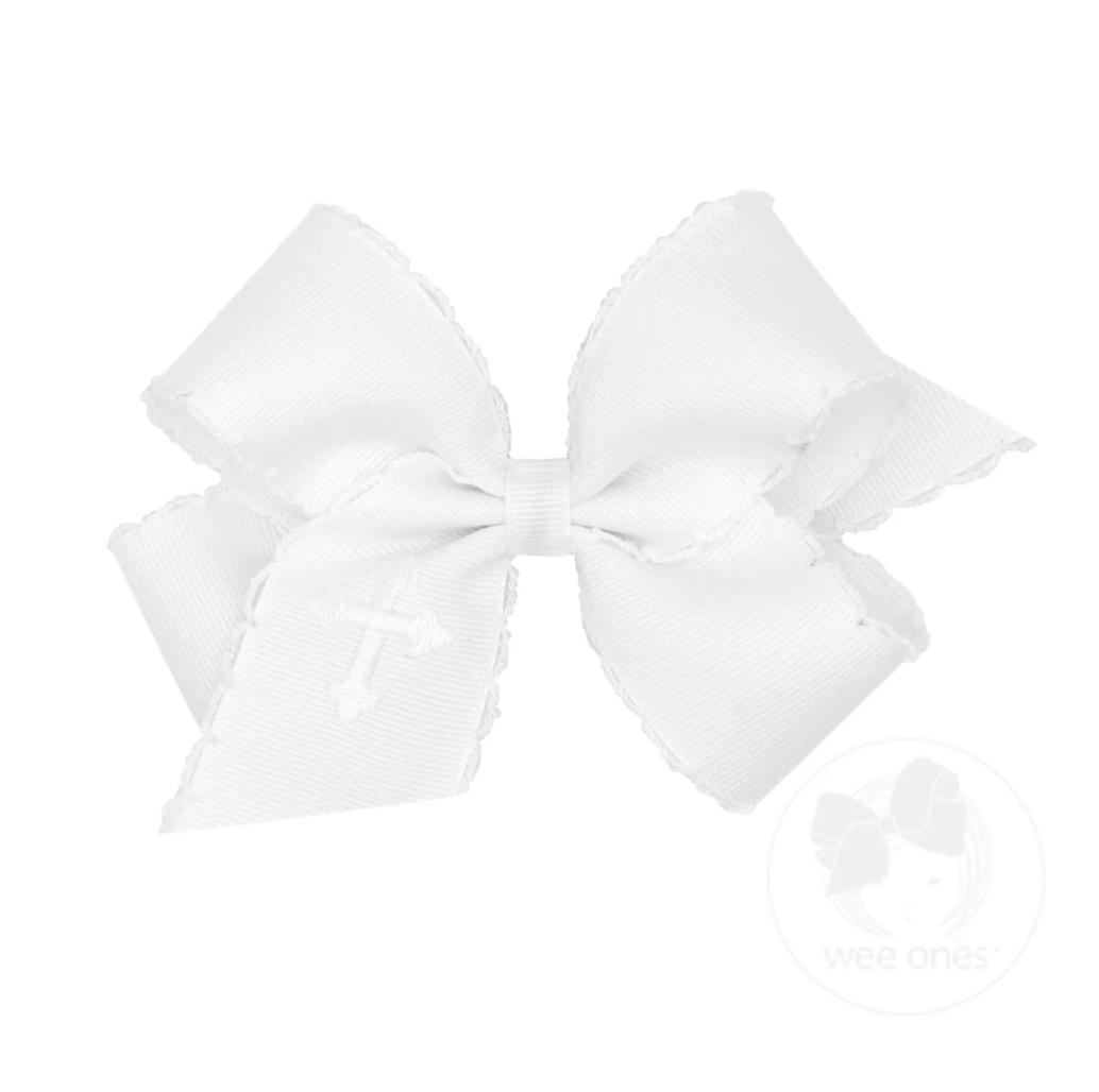 Medium Hair Bow with Moonstitch Edge & Cross Embroidery - Pink or White