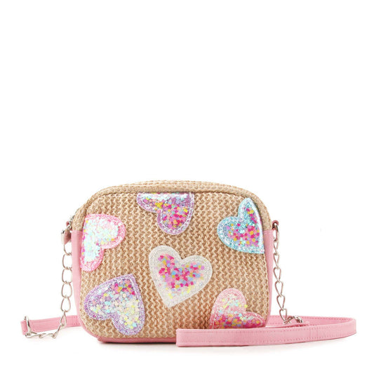 Confetti Heart Patched Straw Crossbody Bag